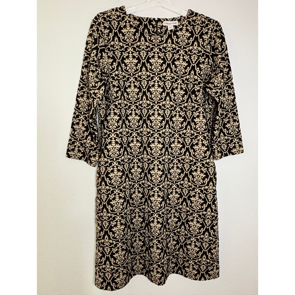 Coldwater Creek Black Tan Damask Knit Sheath Dress 14 3/4 Sleeve Office Casual